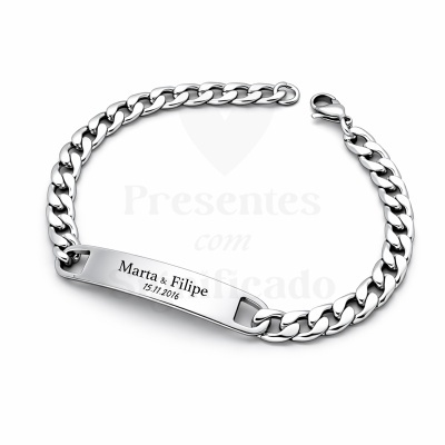 Pulseira de corrente metálica prateada com gravação personalizada
