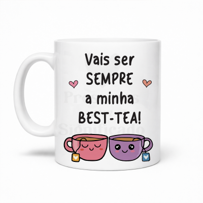 Caneca branca com texto e ilustração de chávenas coloridas sorridentes