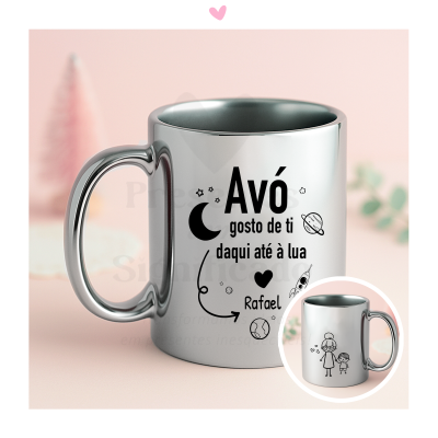 Caneca prateada com texto e desenho de avó e neto