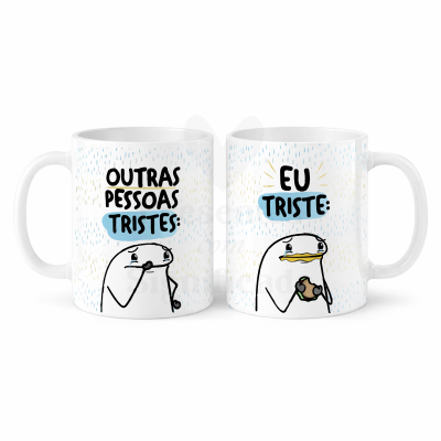 Caneca branca com ilustração e texto humorístico em português.