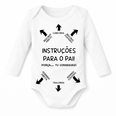 Body branco para bebé com texto e setas pretas com instruções para o pai.