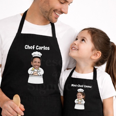 Dois aventais personalizados pretos com caricaturas e textos de chef
