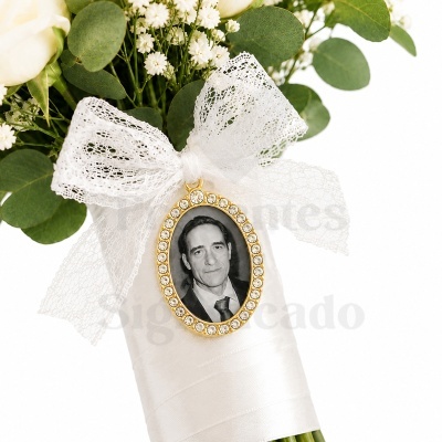 Ramo de flores com medalhão dourado e laço de renda branca
