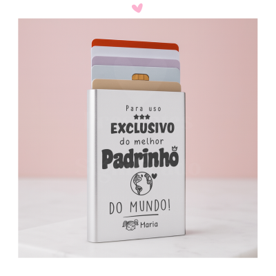 Porta-cartões prateado com texto personalizado para padrinho em português
