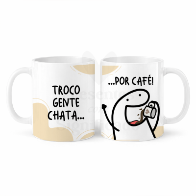 Conjunto de duas canecas brancas com mensagens humorísticas em preto e bege.
