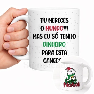 Caneca branca com texto e imagem de Natal
