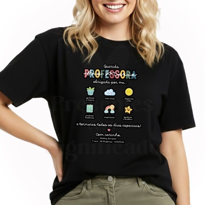 T-shirt preta com texto e desenhos coloridos para professora