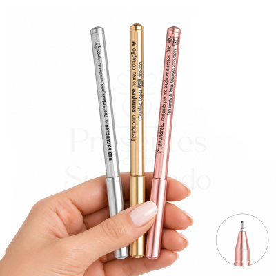 Canetas metálicas personalizadas em prata, dourado e rosa com texto em português