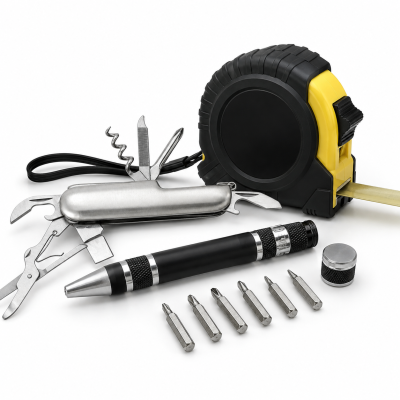 Conjunto de ferramentas com régua métrica preta e amarela, caneta e faca multifuncional inox