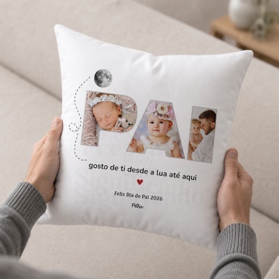 Almofada personalizada branca com fotos e texto para Dia do Pai