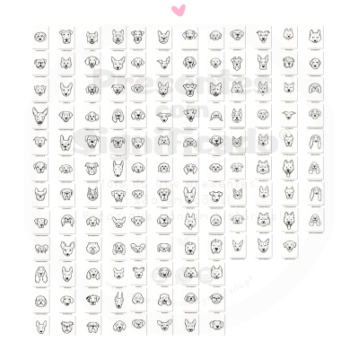 Ilustrações lineares de cabeças de cães em grelha com texto '100 DOGS FACES'