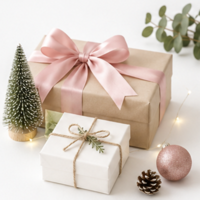 Caixas de presentes com decoração natalícia em fundo branco
