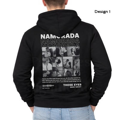 Camisola preta com capuz estampada com texto e fotos de casais nas costas