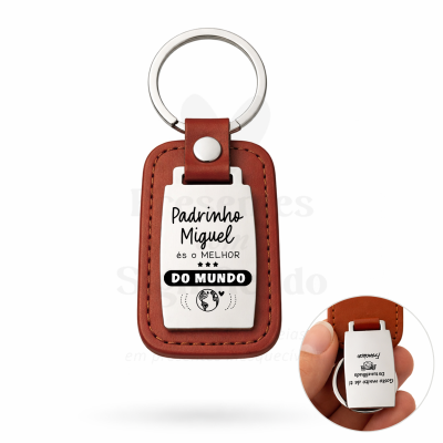 Porta-chaves de pele e metal com texto para padrinho