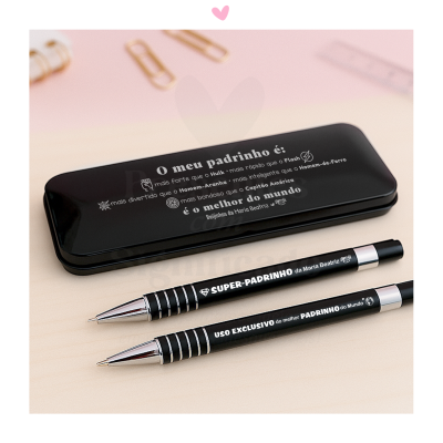 Estojo e duas canetas pretas personalizadas para padrinho