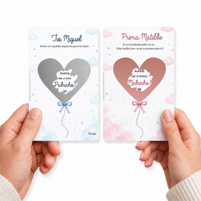 Cartas com balões corações convidando padrinho e madrinha