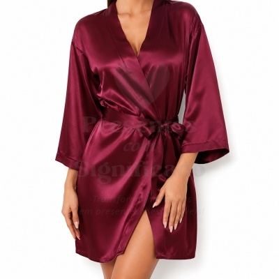 Robe curto de cetim bordô com cinto e mangas largas