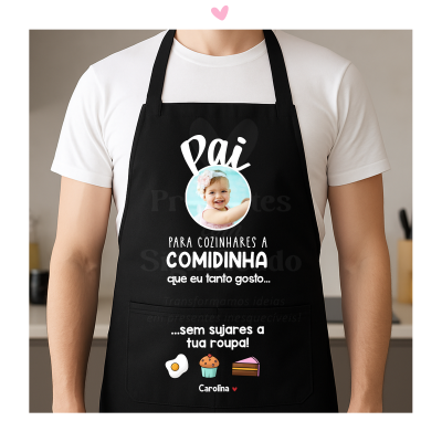 Avental preto com foto de criança e texto em português para pai.