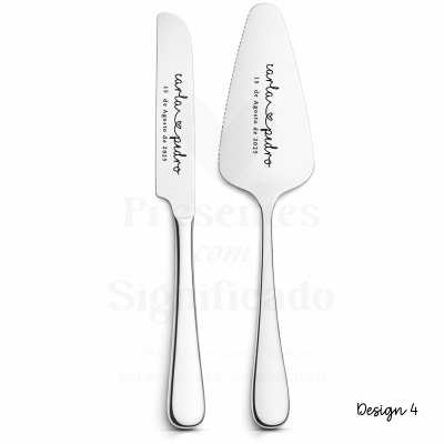 Faca e pá para bolo em aço inox com gravação de nomes e data