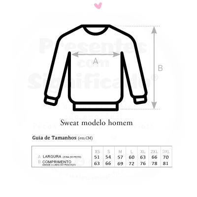 Desenho de sweat-shirt para homem com guia de tamanhos em centímetros