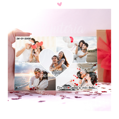 Cartão fotográfico romântico com várias fotos de um casal e texto em português.
