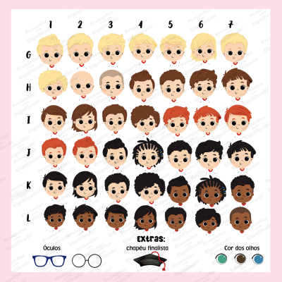 Ilustração de rostos infantis variados com acessórios