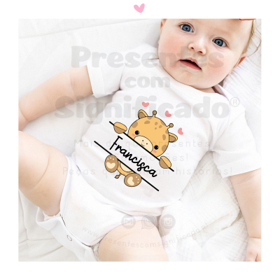 Body branco para bebé com estampa de girafa e nome Francisca