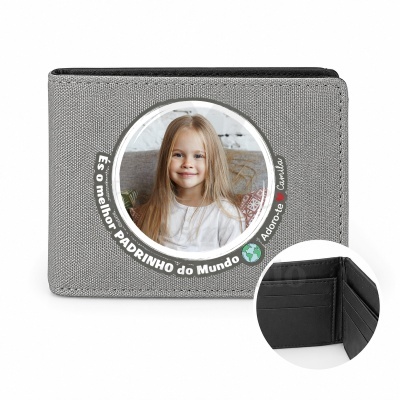 Carteira cinzenta de tecido com foto circular e texto personalizável para padrinho