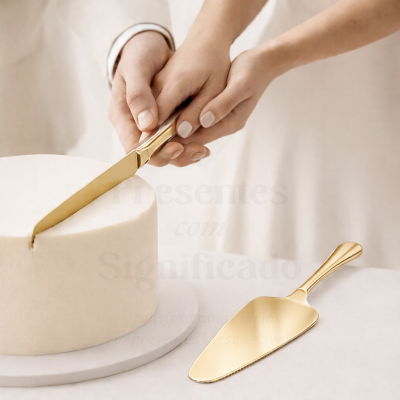Mãos a cortar bolo branco com faca dourada e espátula dourada ao lado.