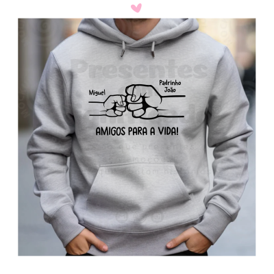 Sweatshirt cinzenta com estampado preto e texto 'AMIGOS PARA A VIDA!'