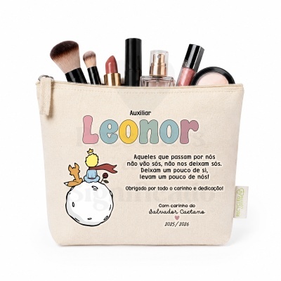 Bolsa de maquilhagem em algodão reciclado com texto personalizado e ilustração do Pequeno Príncipe.