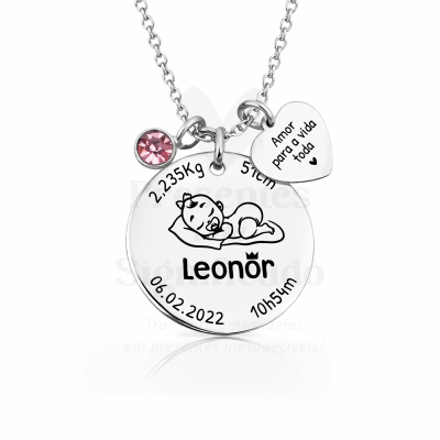 Colar personalizado com pendente redondo e pendente em forma de coração com texto, e pedra rosa