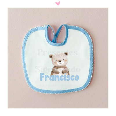 Babete para bebé azul e branco com desenho de urso e nome Francisco