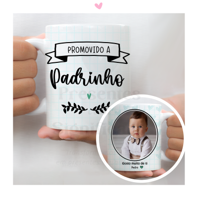 Caneca branca com texto e imagem de menino vestindo camisa e suspensórios
