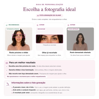 Guia de personalização para foto-gravação do olhar com exemplos de fotografia ideal e texto explicativo em português