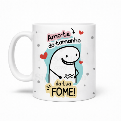 Caneca branca com imagem e texto humorístico em português.