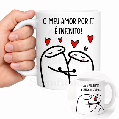 Caneca branca com ilustração e texto de amor e paciência em preto e vermelho