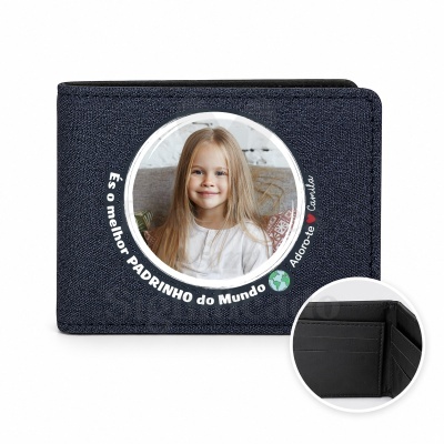Carteira masculina azul escura com foto personalizada e texto para padrinho.