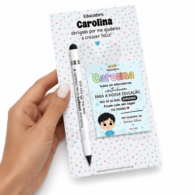 Conjunto oferta educadora personalizada caneta branca e cartão com mensagem azul claro