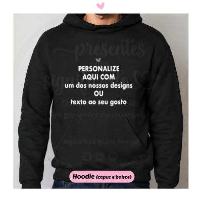 Sudadera preta com texto personalizável branco no centro