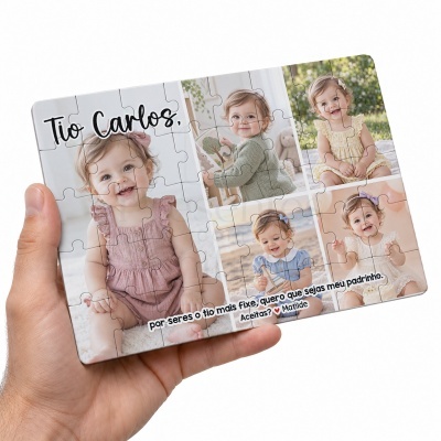 Puzzle com fotos de bebé e texto personalizado para padrinho Tio Carlos