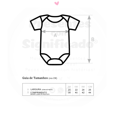 Esquema com medidas e guia de tamanhos para body de bebé em centímetros