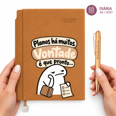 Agenda 2027 castanha com ilustração e caneta dourada com texto motivacional.