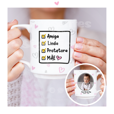 Caneca branca com lista das qualidades e foto de bebé para o Dia da Mãe