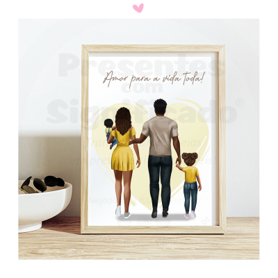 Quadro com ilustração de família e texto Amor para a vida toda