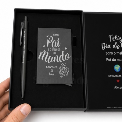 Conjunto presente dia do pai caneta e carteira preta com inscrição em branco