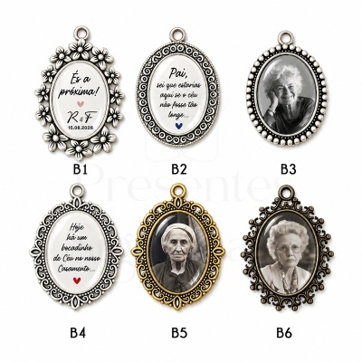 Seis medalhões ovais decorativos com molduras em metal, textos em português e retratos antigos em preto e branco.