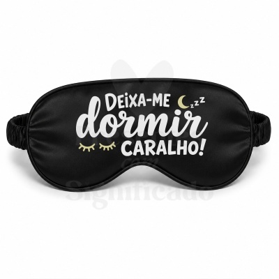 Máscara de dormir preta com texto em português e ícones relacionados ao sono