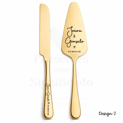 Conjunto dourado de espátula e faca com gravação personalizada