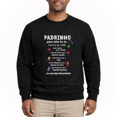 Sweatshirt preta com texto e imagens de super-heróis em cores